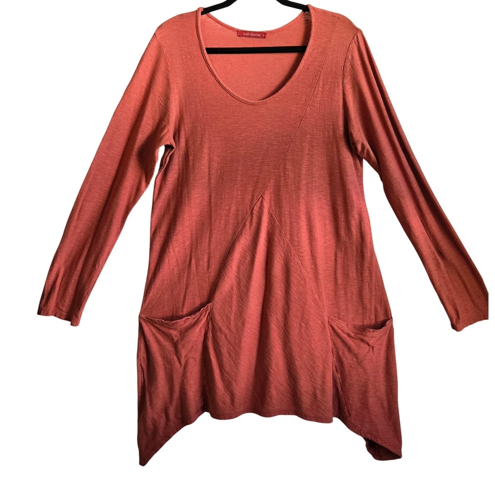 Cut Loose Women's L Lagenlook Terracotta Rust Cotton Linen Sharkbite Hem Tunic